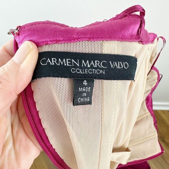 Carmen Marc Valvo Silk Strapless Fuchsia Gown With Ruffle Detail Pleated Skirt 4 - Picture 7 of 12